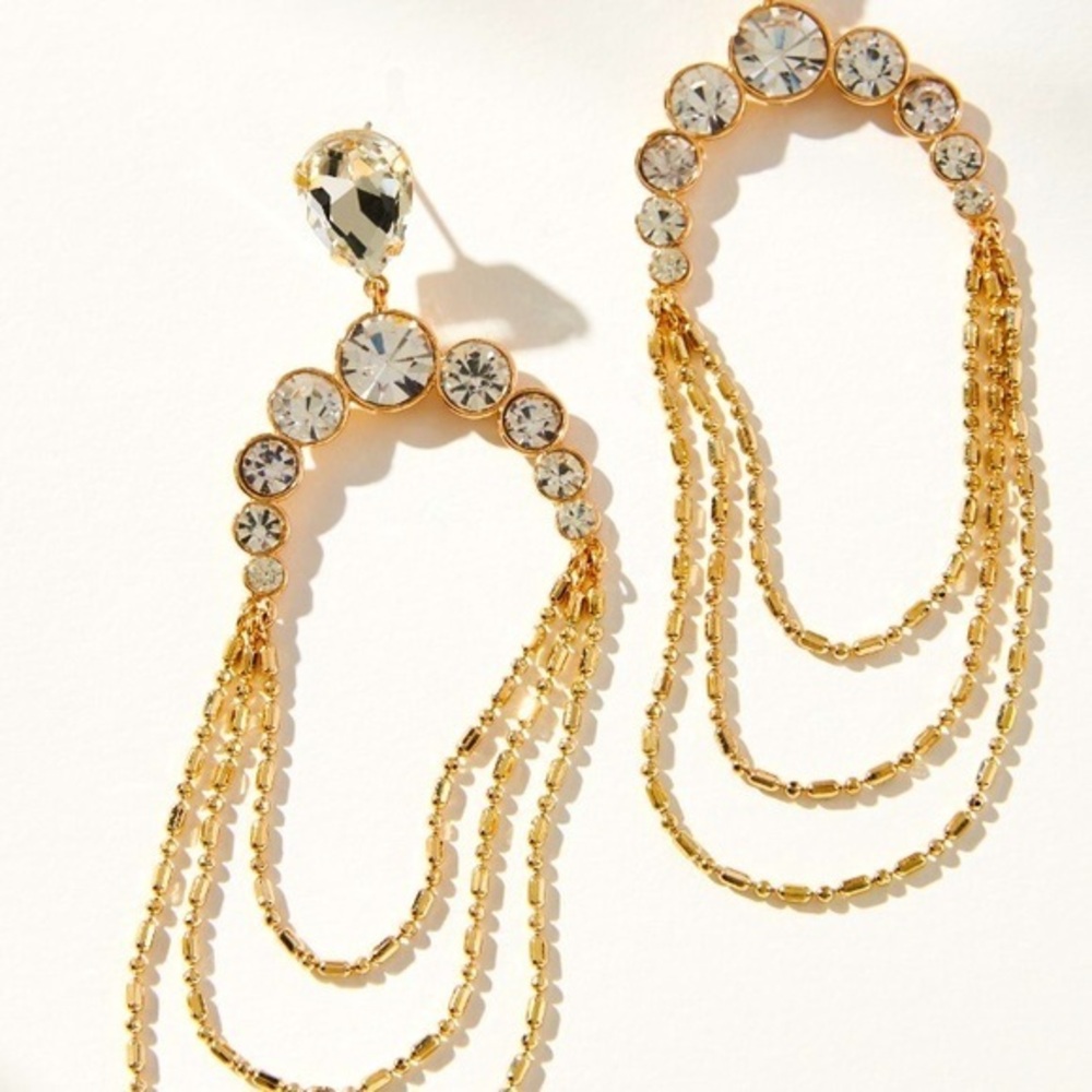 Anthropologie Crescent Pavé Chain Earrings NWT